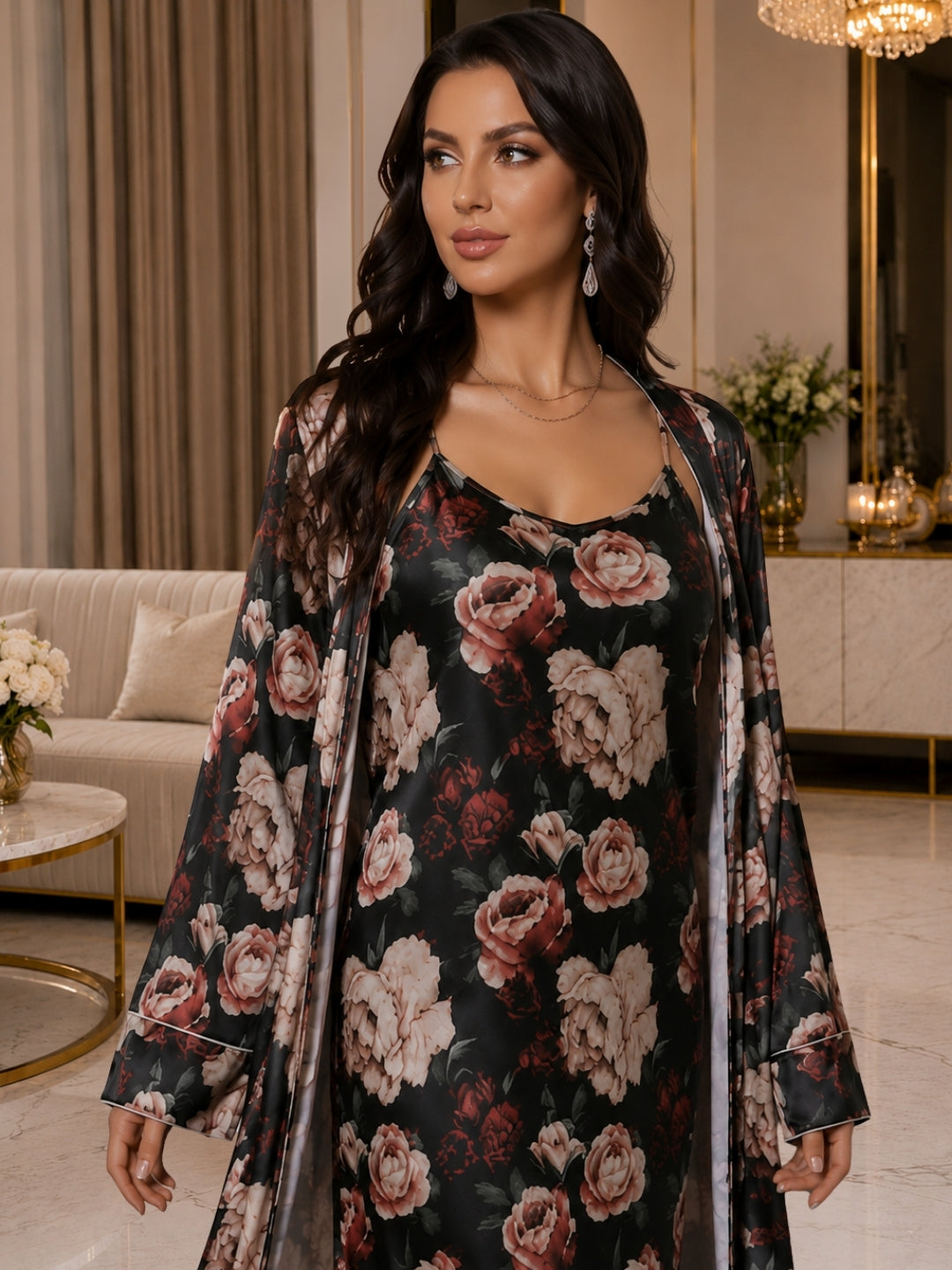 Floral Satin Nightgown & Robe Set