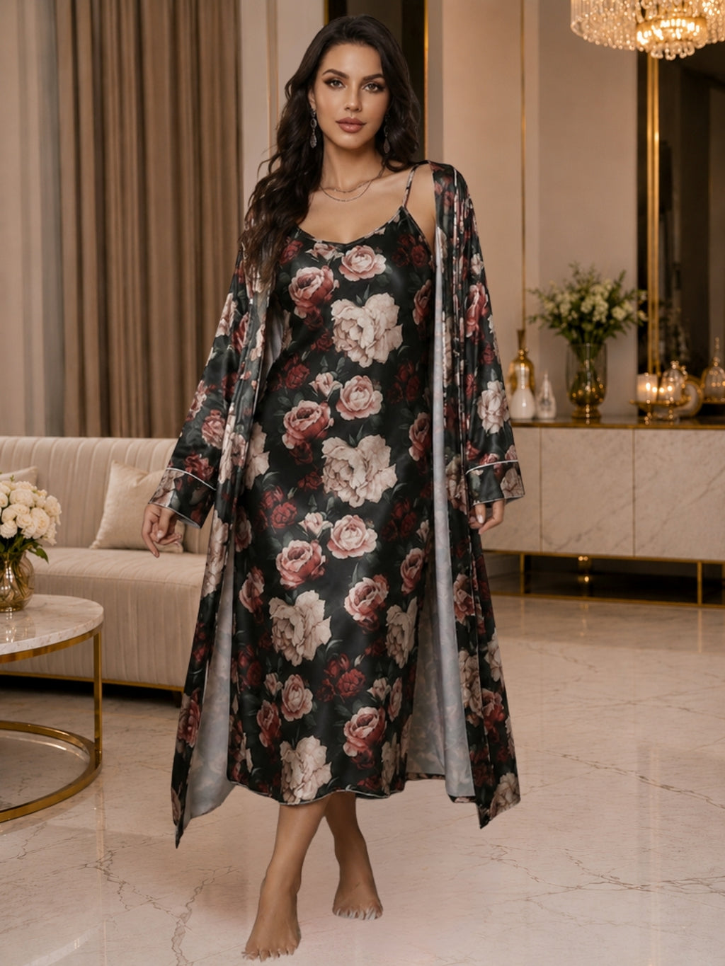 Floral Satin Nightgown & Robe Set
