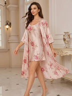 Women's Floral Satin Nightdress With Robe