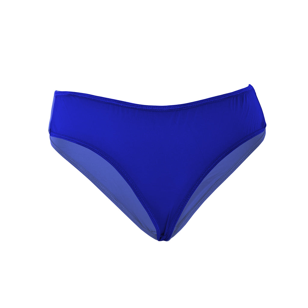 Women's navy blue low waist bikini panty model back view