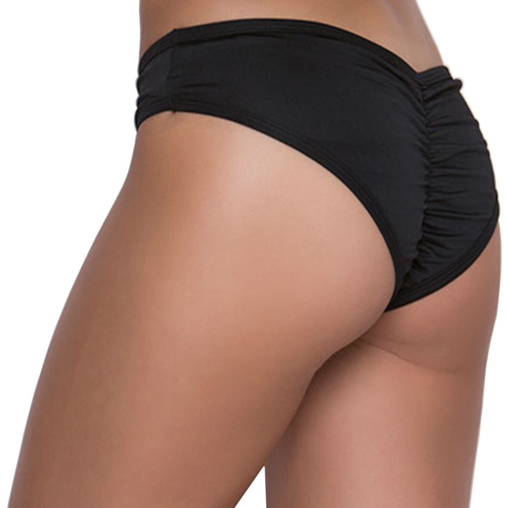 Women's ruched V-back bikini panty in purple, flat view