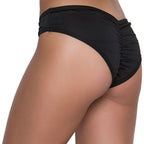 Women's ruched V-back bikini panty in purple, flat view