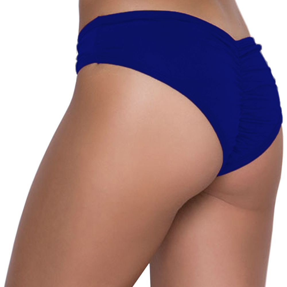 Women's ruched V-back bikini panty in navy blue, back view