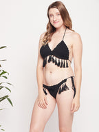 Women's Crochet Halter Bikini Set With Tassel