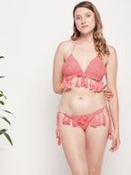 Women's Crochet Halter Bikini Set With Tassel