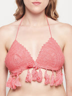Women's Crochet Halter Bikini Set With Tassel